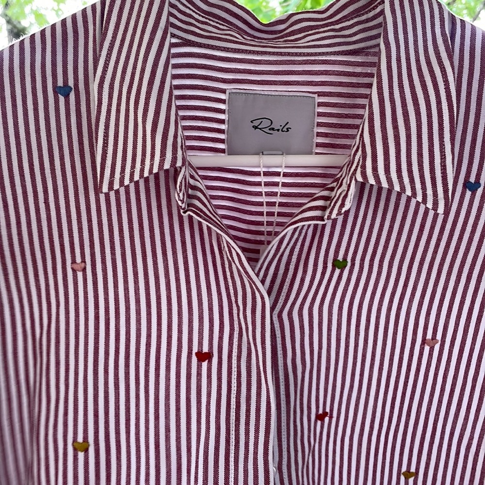 Rails brand striped button up shirt with embroidered hearts all over it